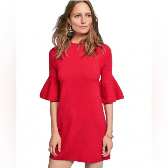 ANTHROPOLOGIE MOTH | “Chester” Red Knit Bell Sleeves Mini Shift Dress Size XS - Picture 1 of 13